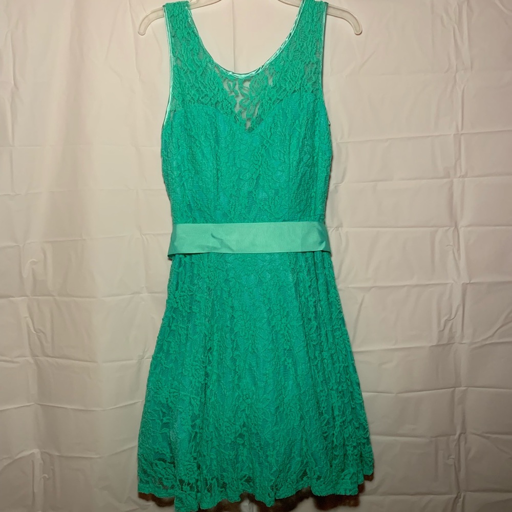 Mint Lace Short Dress with Tulle Lining Satin Bow